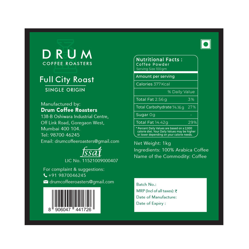 Drum Coffee Roasters- Full City Roast Coffee Beans, 1 kg