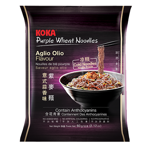 Koka Purple Wheat Noodles- Aglio Olio Flavor (60g) | Pack of 4 | Steamed & Baked | Low Fat | Original Koka Noodles from Singapore |