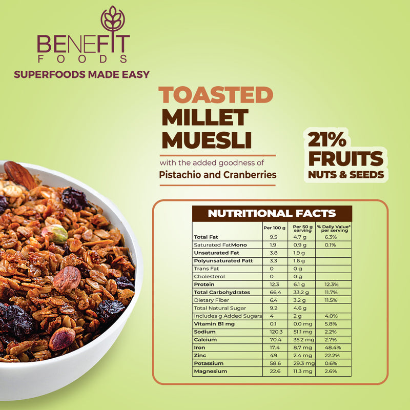 Benefit Foods Gluten Free Toasted Millet Muesli with Pistachio & Cranberries, 250gm