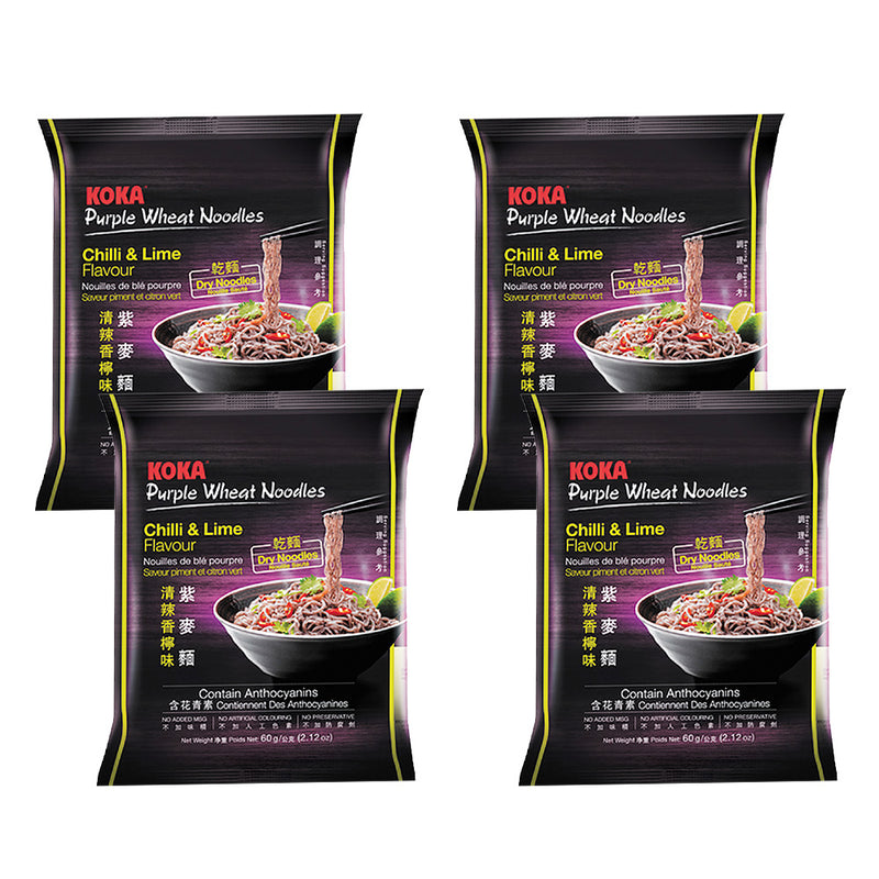 Koka Purple Wheat Noodles - Chili & Lime Flavor (60 g)| Pack of 4 | Steamed & Baked | Low Fat | Original Koka Noodles from Singapore |